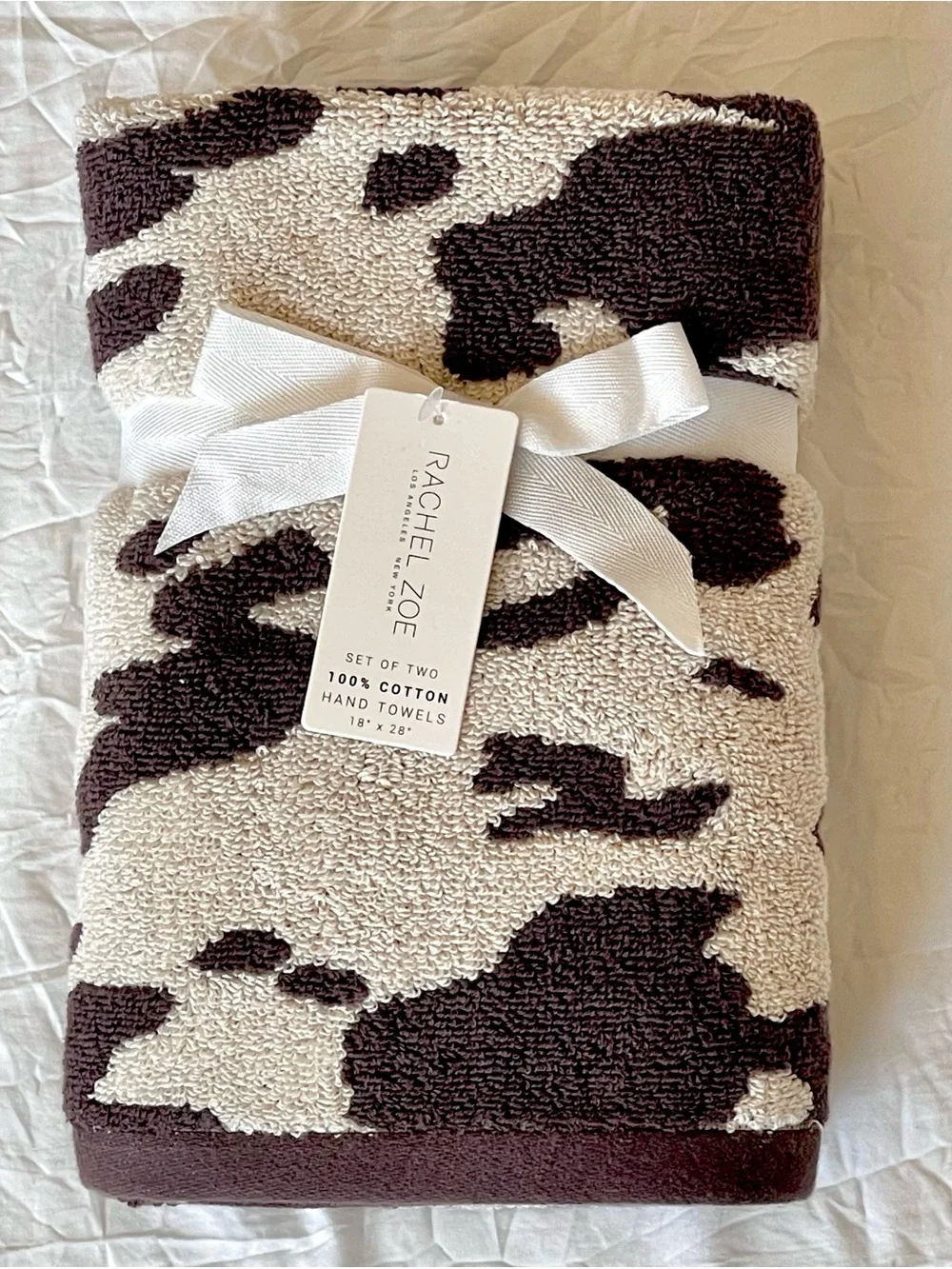 NWT Rachel Zoe Cream and Dark Brown Cow Hand Towels – Set of Two - Cowhide, Pony
